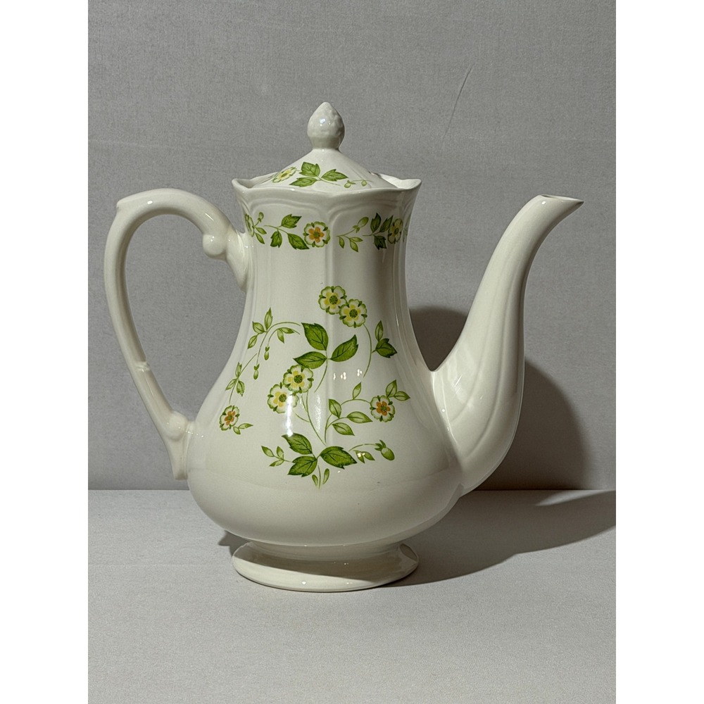 Petite Flora Ironstone Coffee Pot Teapot Floral Green Yellow Made in Japan 4009‎